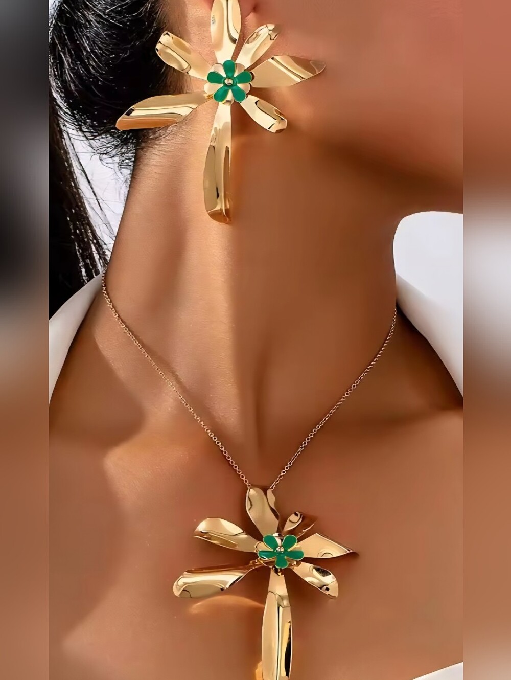 Gold Floral Pendant Necklace & Earrings Set with Green Accent - Women Jewelry